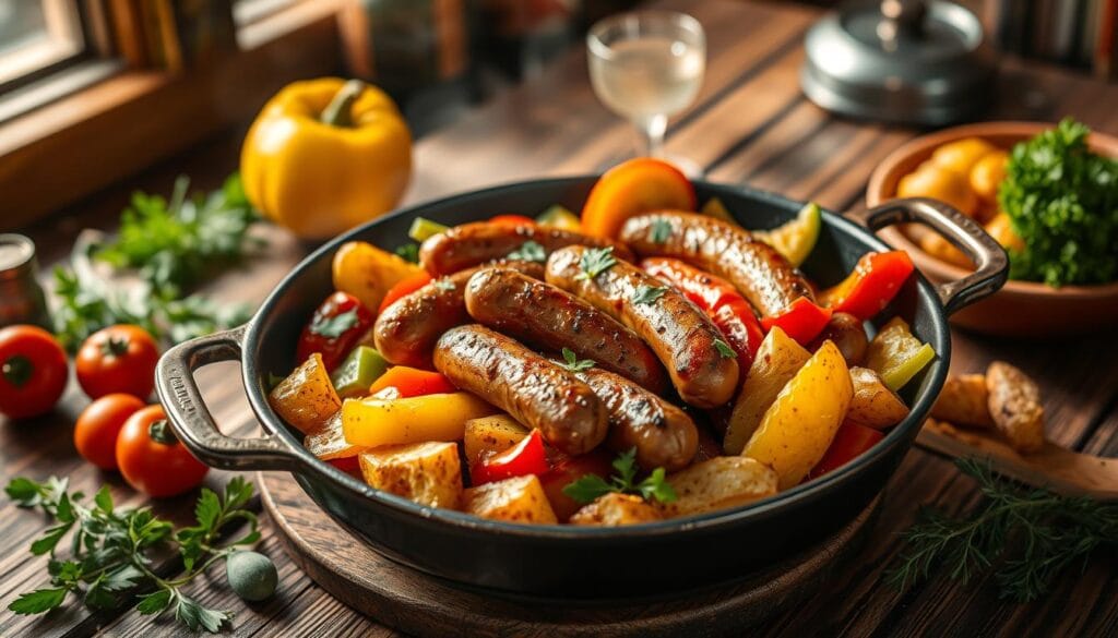 Skillet Sausage Peppers Potatoes Cooking Technique