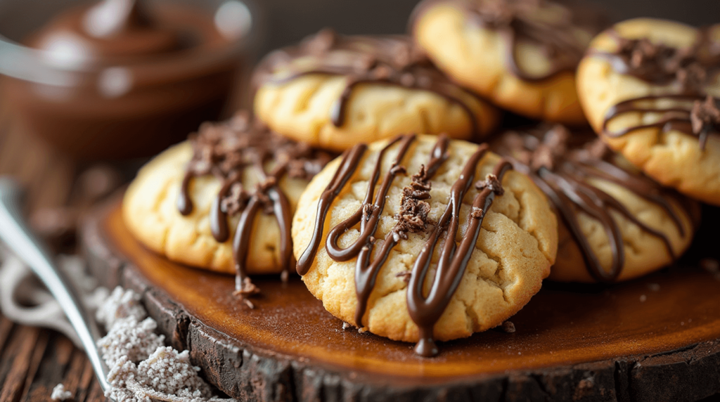 Golden eggless sugar cookies drizzled with glossy dark, milk, and white chocolate, arranged on a rustic wooden board with a bowl of melted chocolate and a drizzle spoon nearby.