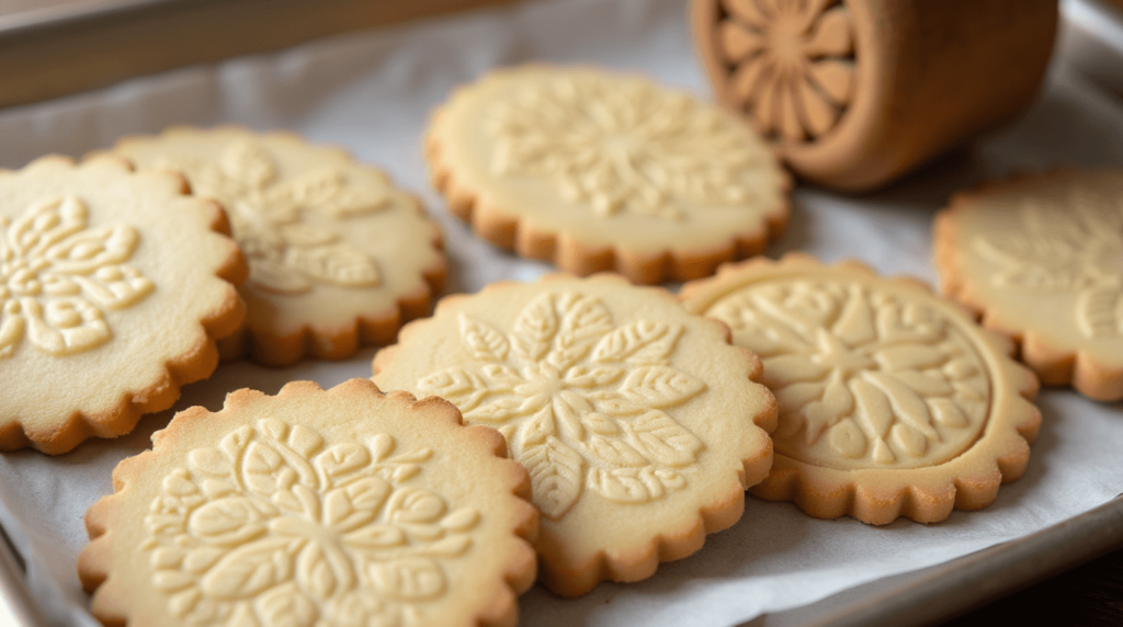 Eggless sugar cookies with beautifully embossed stamped patterns, including floral and geometric designs, arranged on a parchment-lined tray with a wooden cookie stamp in the background.