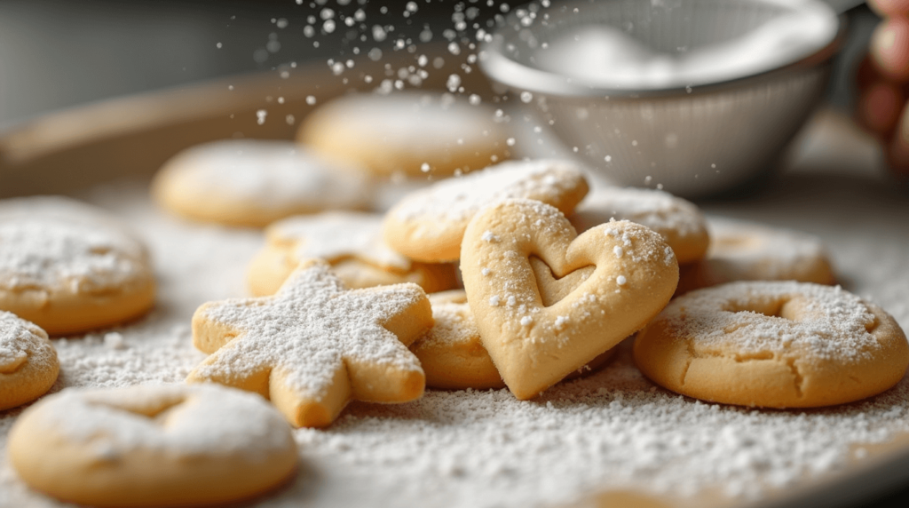Freshly baked eggless sugar cookies with a delicate dusting of powdered sugar, arranged on a vintage baking sheet with a sieve sprinkling sugar in the background.